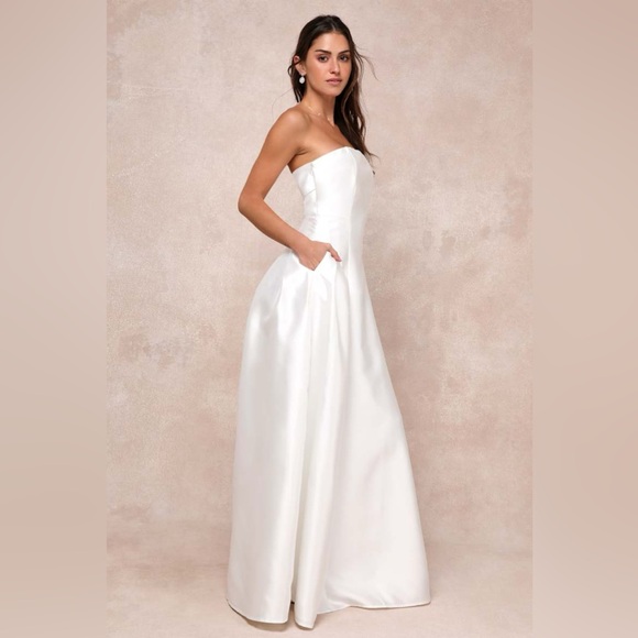 Lulus Pristine Love White Taffeta Strapless Long Maxi Dress With Pockets, Size L - Picture 4 of 16